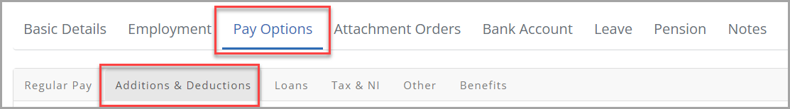 Employee screen with the Pay Options and Additions & Deductions highlighted
