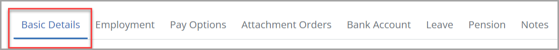 Employee record with Basic Details option highlighted