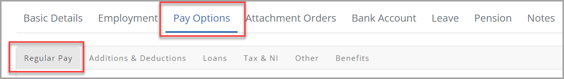 Employee screen, with the Pay Options and Regular Pay buttons highlighted