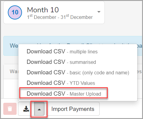 the Payroll Import Payments screen, with list of formats and Downlaod CSV Master Upload option highlighted