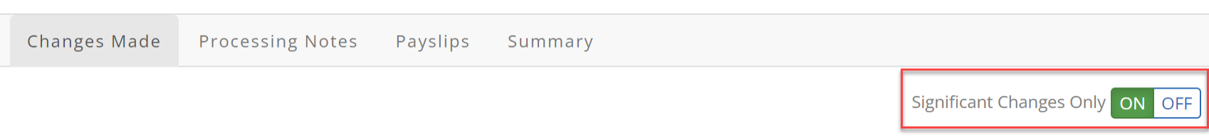the Payrun Changes Made screen, with the Significant Changes Only highlighted