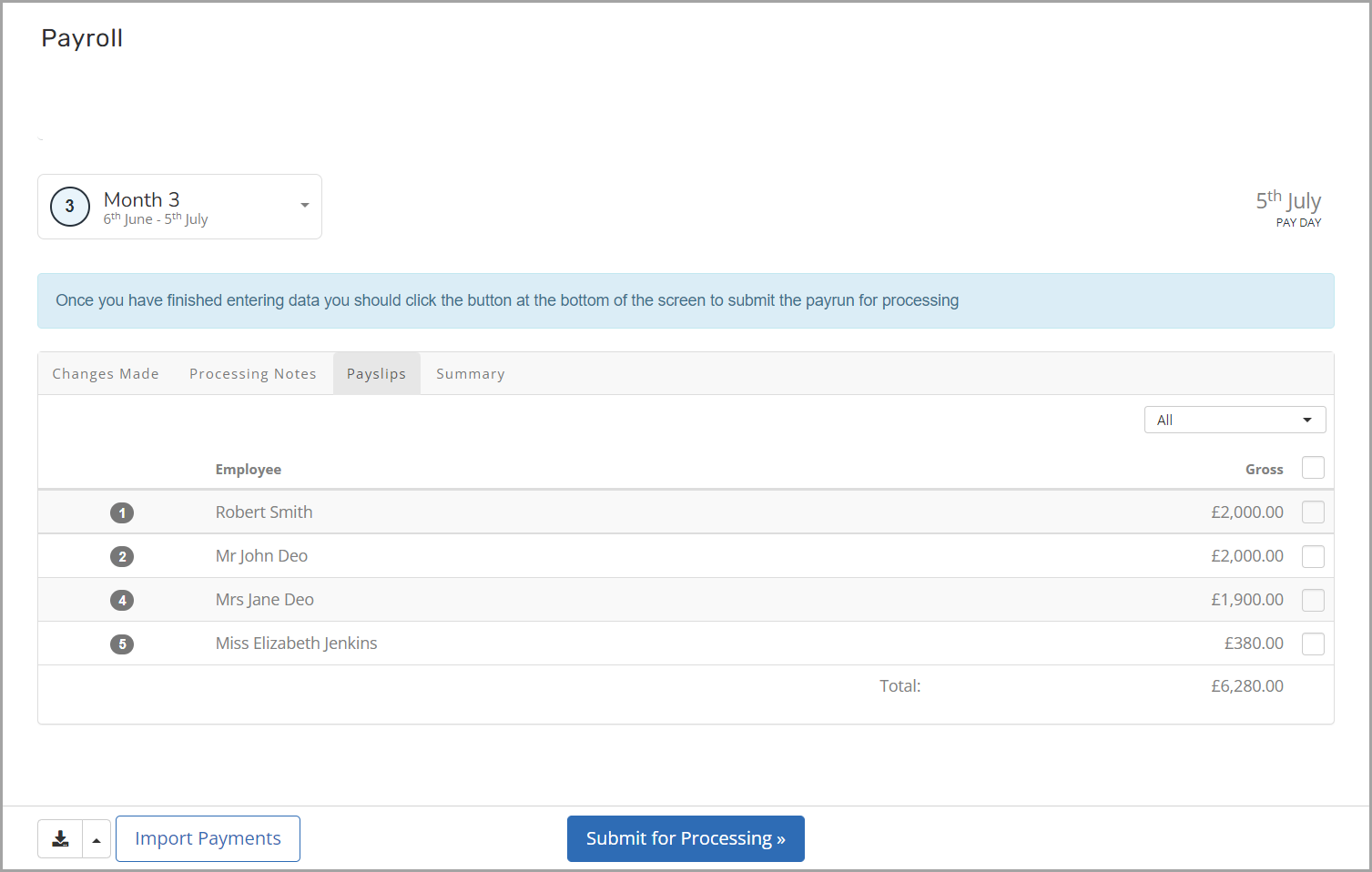 the Payslips screen with Submit for Processing option