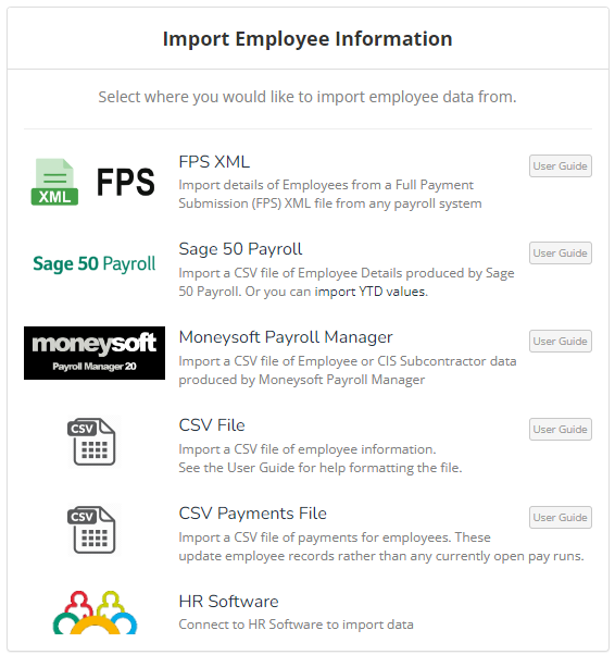 the Import Employee information screen, with various format options shown
