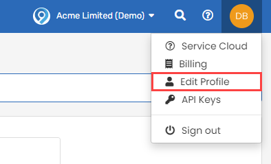 User profile drop down men u, with Edit Profile highlighted
