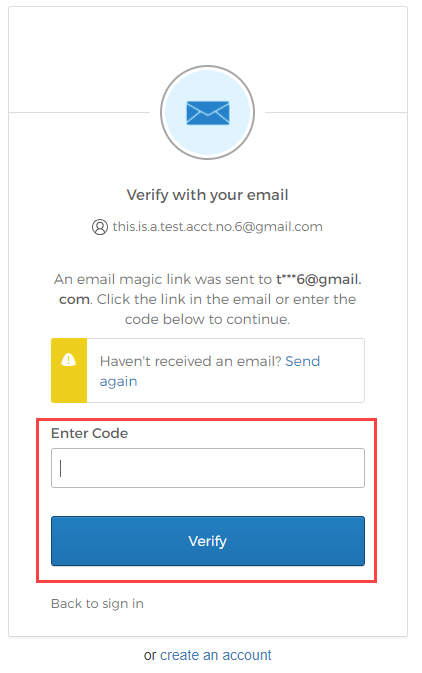 user account verification screen with Enter Code box highlighted