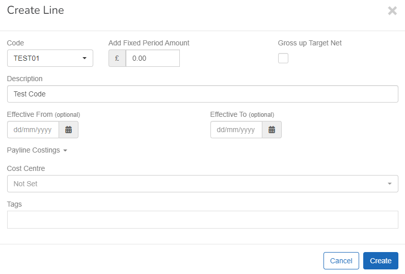 Enter any Payline Costings and Tags if required. 