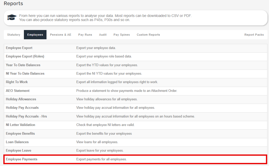 The Employee Reports screen with Employee Export report highlighted