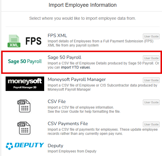 Import screen with sage 50 payroll highlighted#