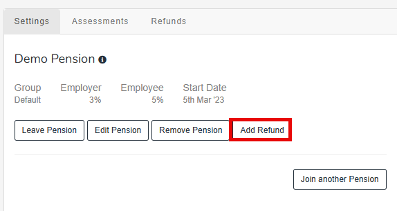 Screen related to the previous instructions. Add refund is highlighted. 