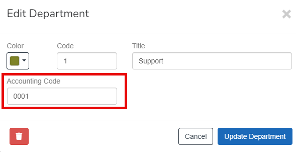 Department configuration with accounting code highlighted