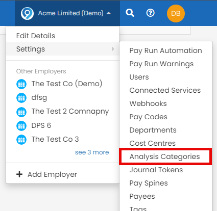 Setting menu with Analysis categories highlighted