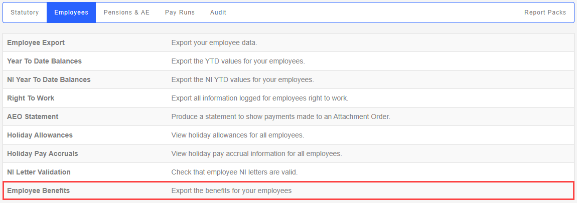 The Employee reports screen, with the Employee Benefits report highlighted