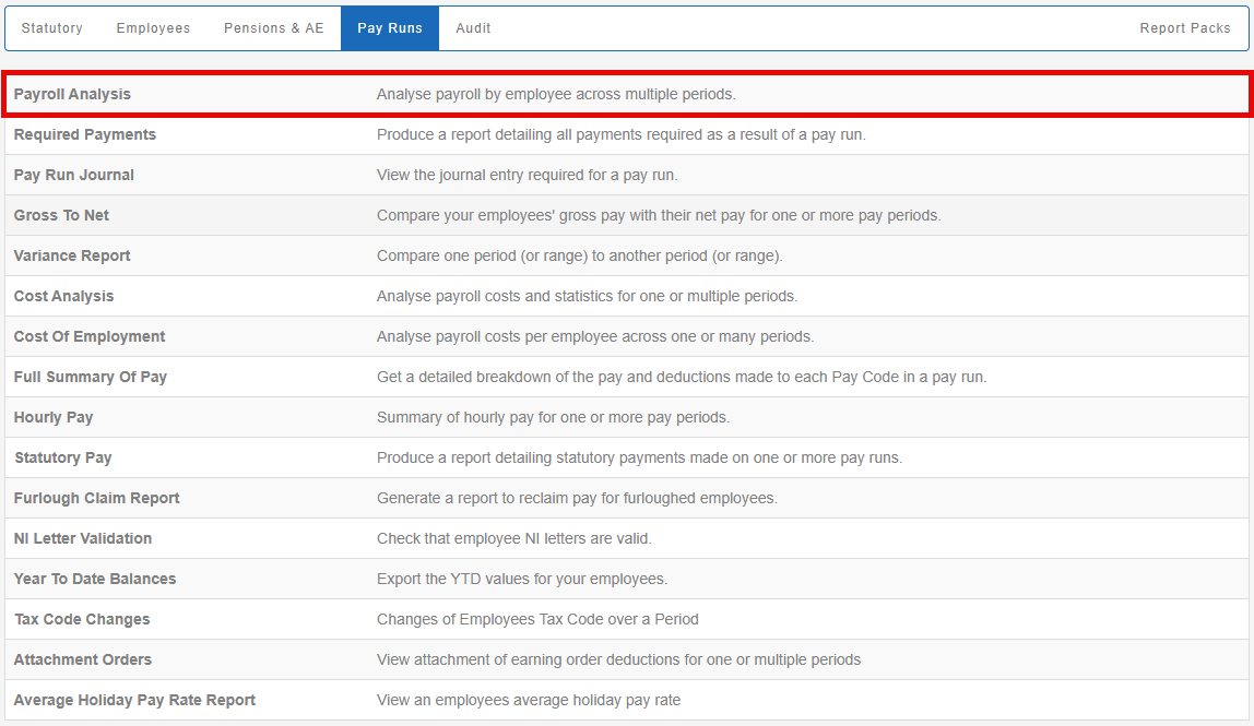 reports payruns screen, with payroll analysis report highlighted