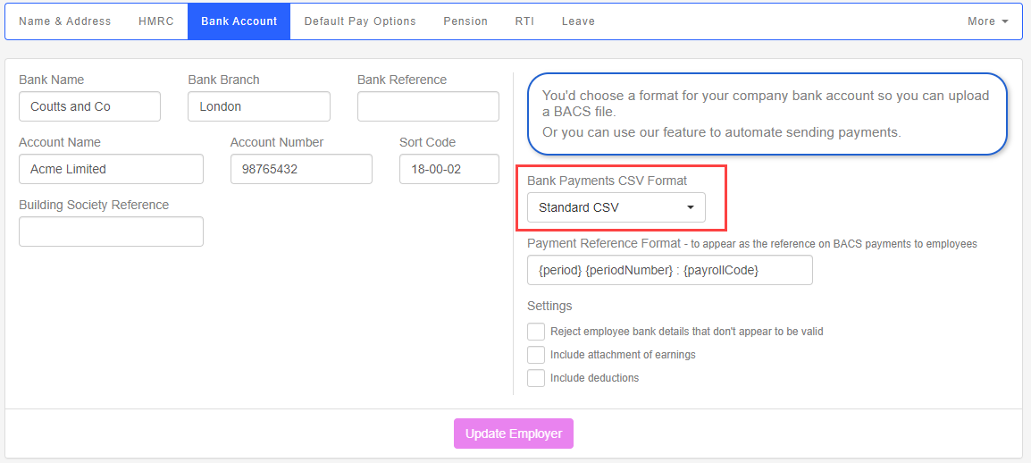 the Employer Bank Account screen, with Bank Payments CSV Format option highlighted