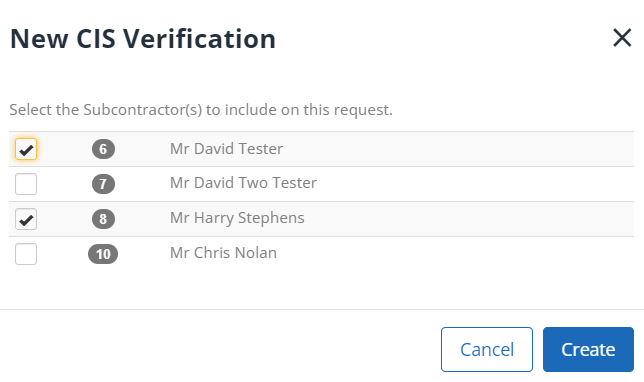 From the list of subcontractors, select those you want to verify and then Create.