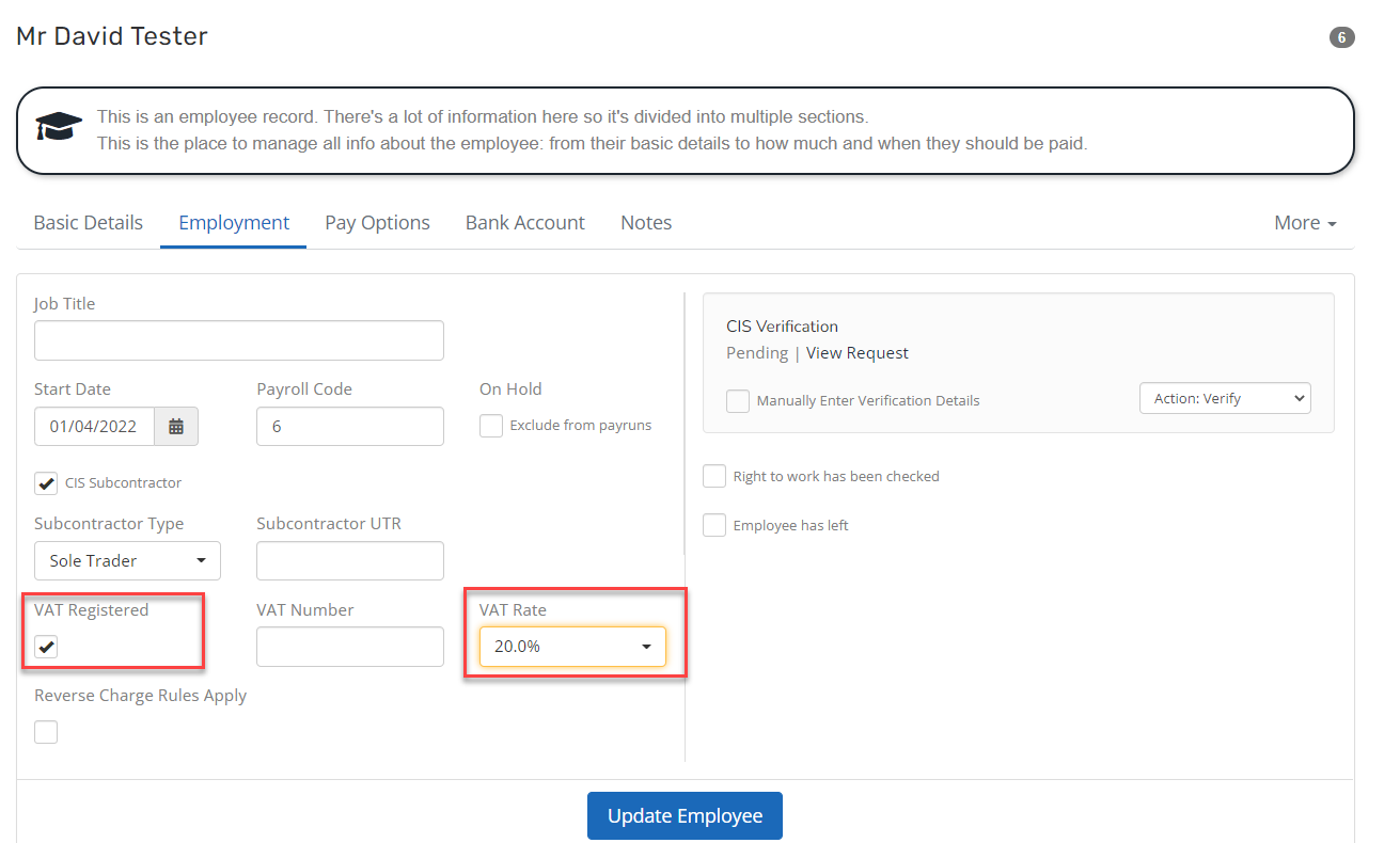 On the Employment tab, confirm that they are VAT registered.