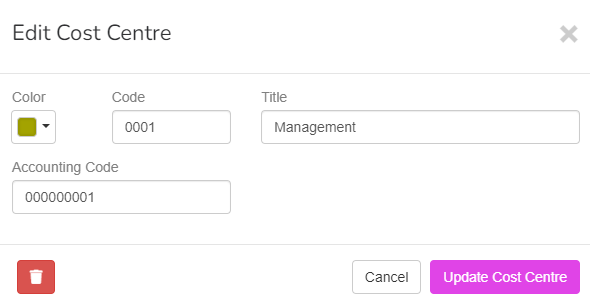 edit Cost Centre screen