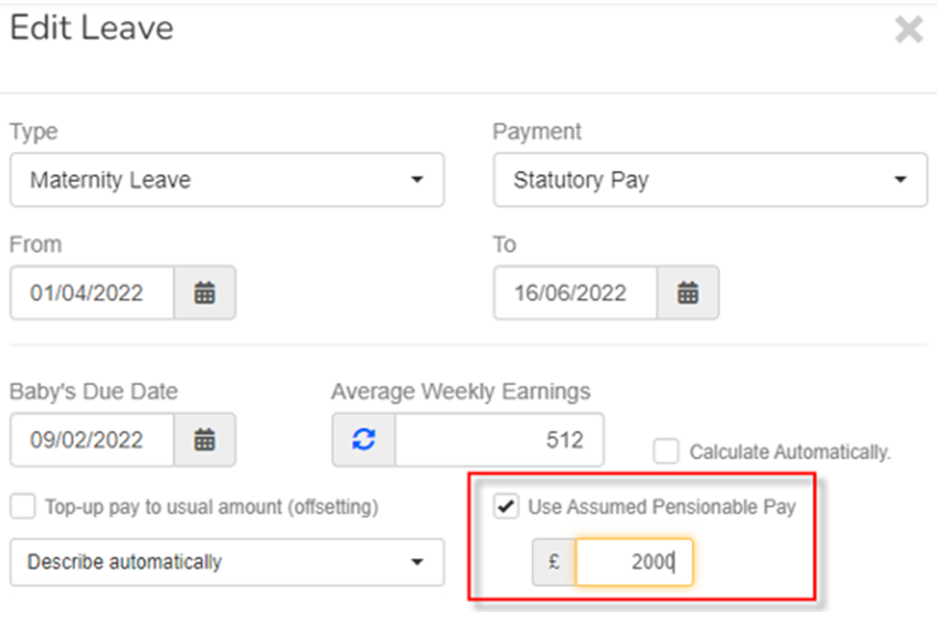 on the edit Employee Leave screen, with the Use Assumed Pensionable Pay option highlighted