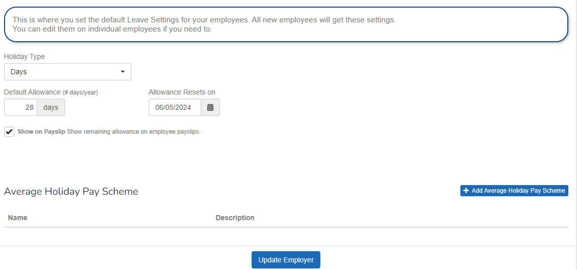 employee leave screen with Show On Payslip selection box shown