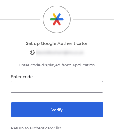 setup google authenticator screen, with an Enter Code prompt