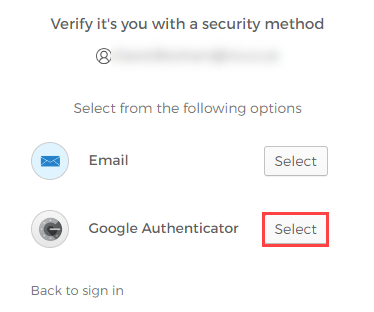 Google authenticator "verify it's you with a security method" screen with Google authenticator method Select button highlighted