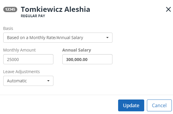 editing regular pay screen, for a monthly rate or annual salary basis employee