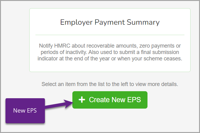 Create New EPS (Employer payment summary) screen, with Create New EPS button indicated