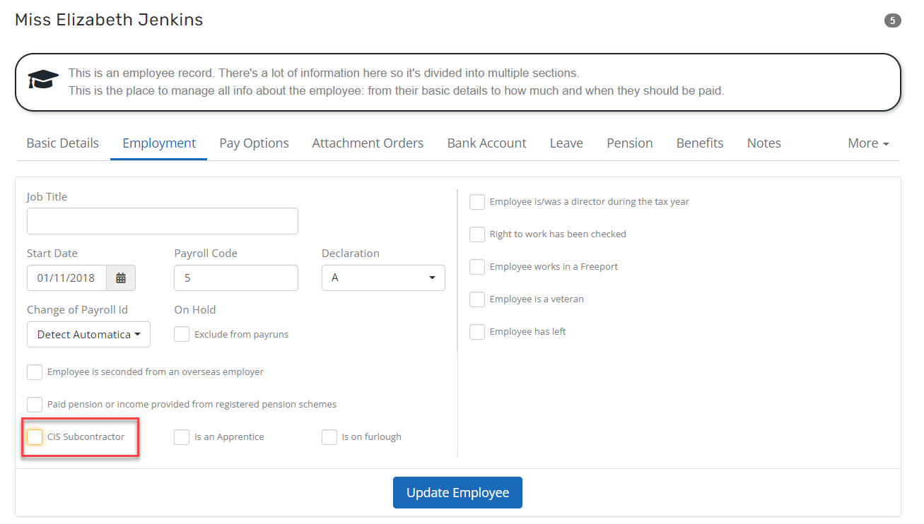 Once you have entered all information, select Update Employee, this creates the sub-contractor record.