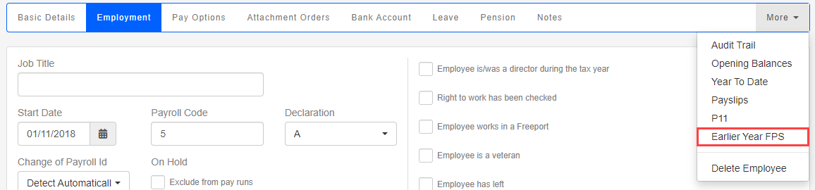 Employee Employment tab, with More drop down menu shown, and Earlier Year FPS option highlighted