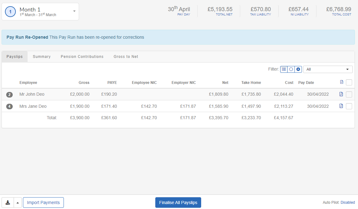 Payroll re-run screen with employees showing